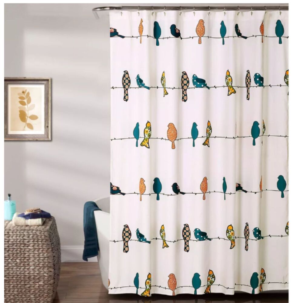 Lush Decor—Birds on a Wire Shower Curtain Whimsical Floral White Blue Orange